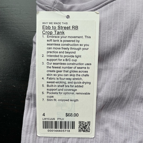 Lululemon Ebb to Street Crop Tank “Faint Lavender” NWT - Picture 9 of 10